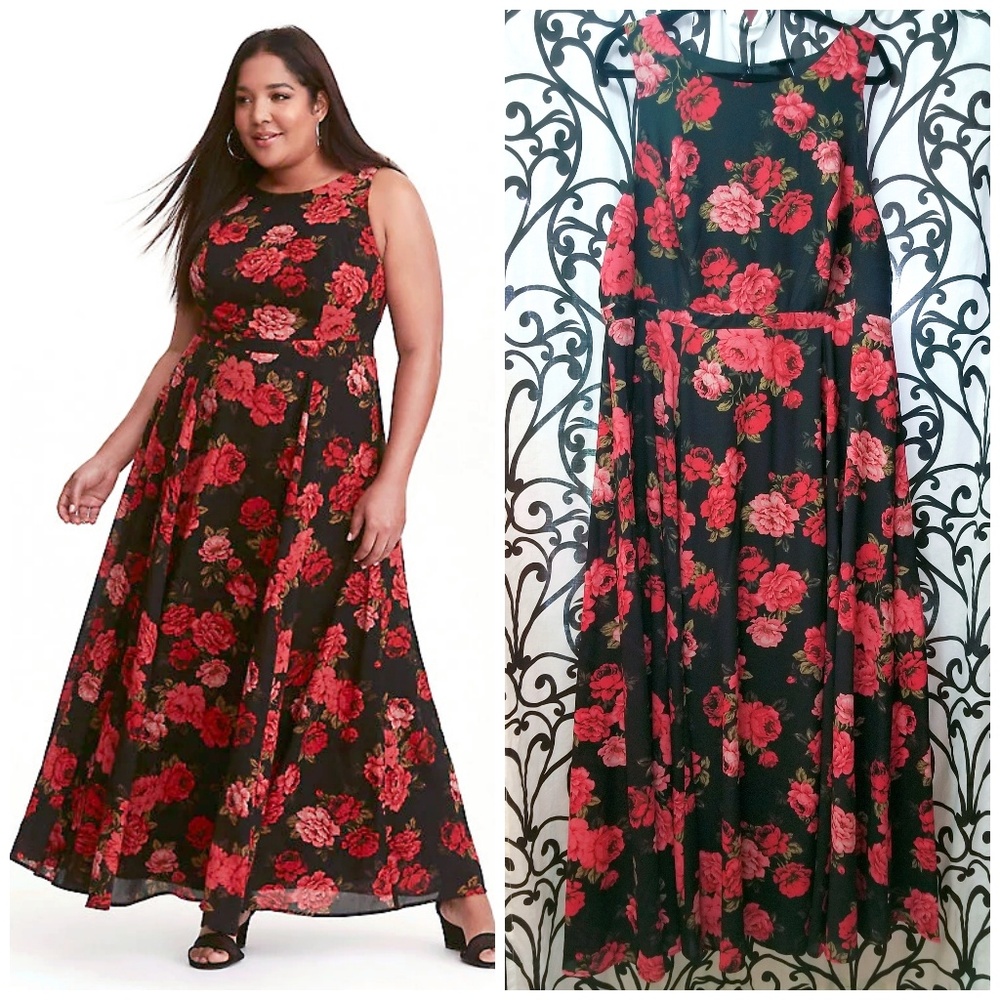 TORRID Plus Black Red Pink Rose Floral Maxi Dress